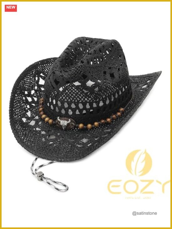 Straw Cowgirl Hat Woven Hollow Out Wide Brim Sun Hat with Chin Strap main image 5